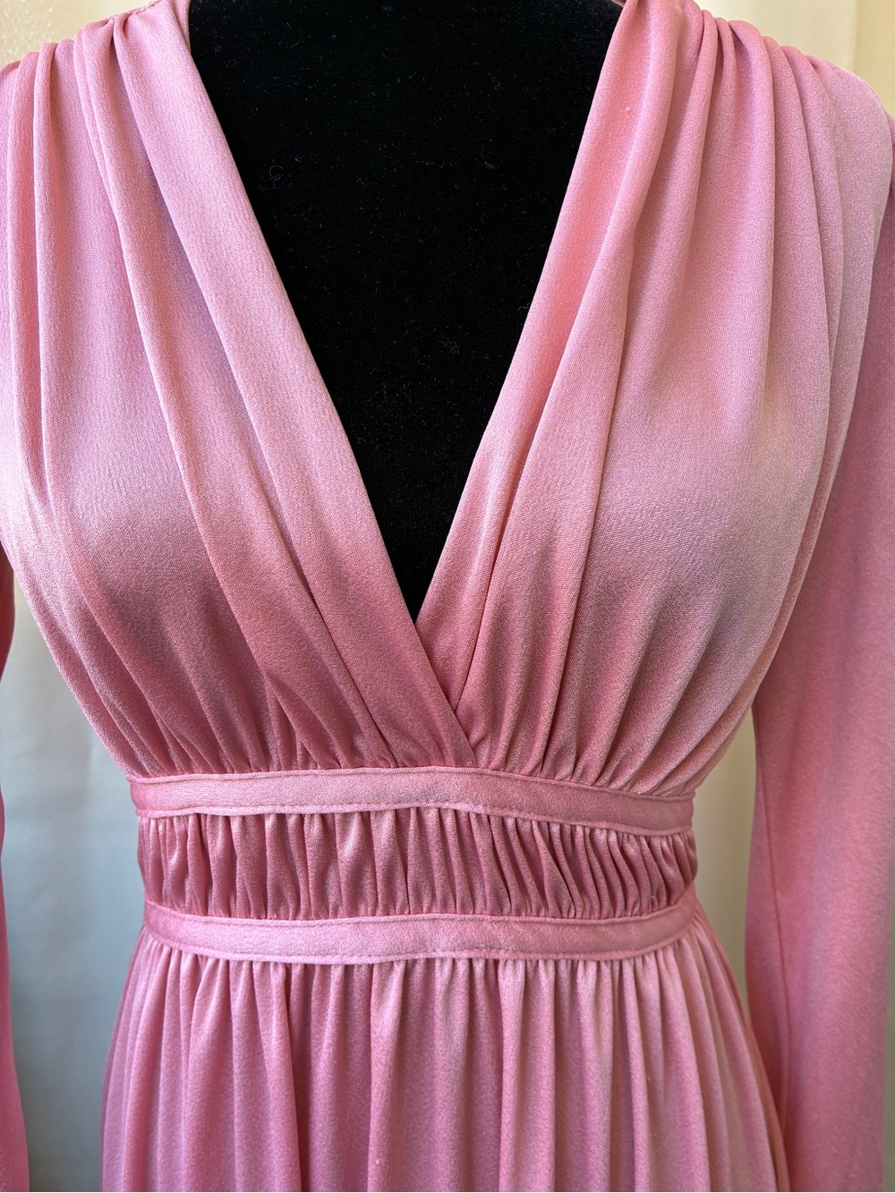 Vintage 70s Grecian Goddess Deep Plunge Pink Medium Maxi Dress - Picture 3 of 13